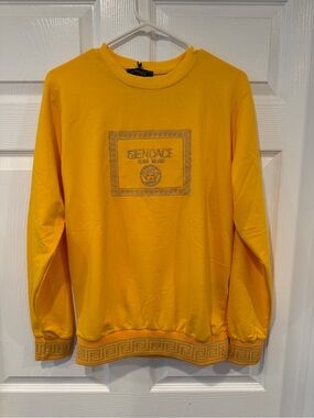 Versace Men’s Gold Crewneck Sweater with Embroidered Medallion